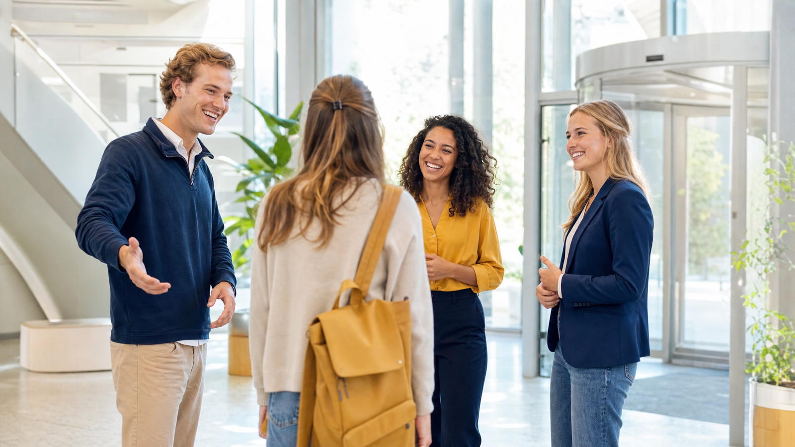Studenten en collega's verwelkomen een nieuwe student