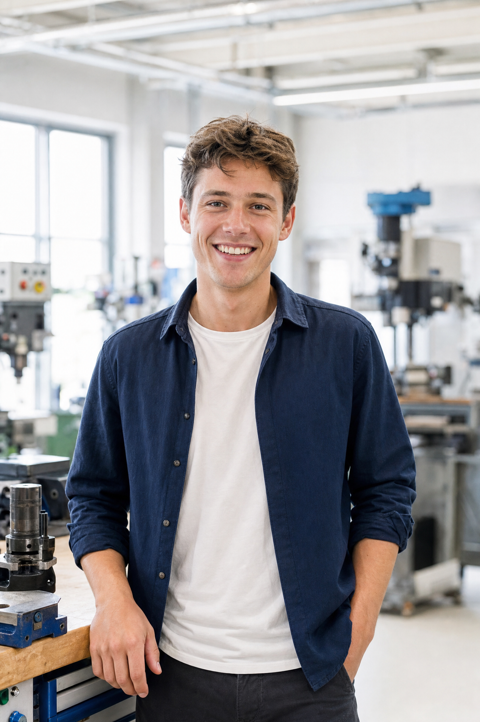 Lachende student in een lichte technische werkplaats