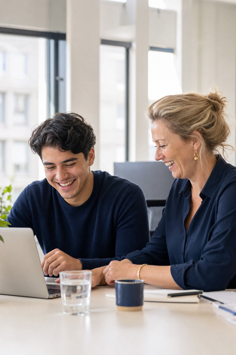Student en werkgever lachen samen aan een bureau