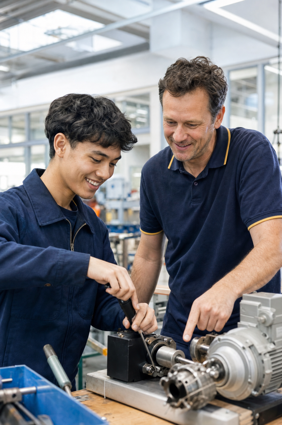 Student en mentor werken samen aan een technisch onderdeel